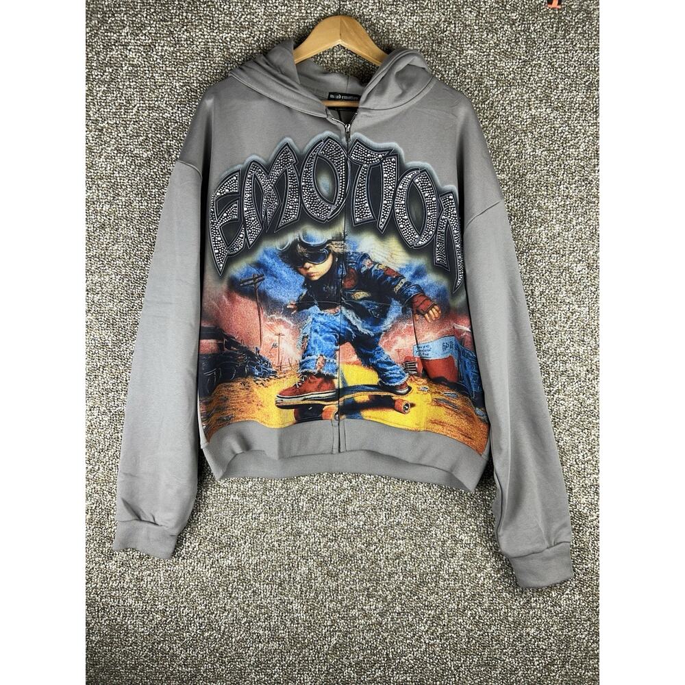 Mixed Emotion ‘Last Ride’ Rhinestone Hoodie Men’s 2XL Gray New Skateboard